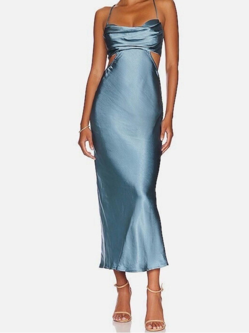 Cowl Neck Satin Midi Dress in Steel Blue